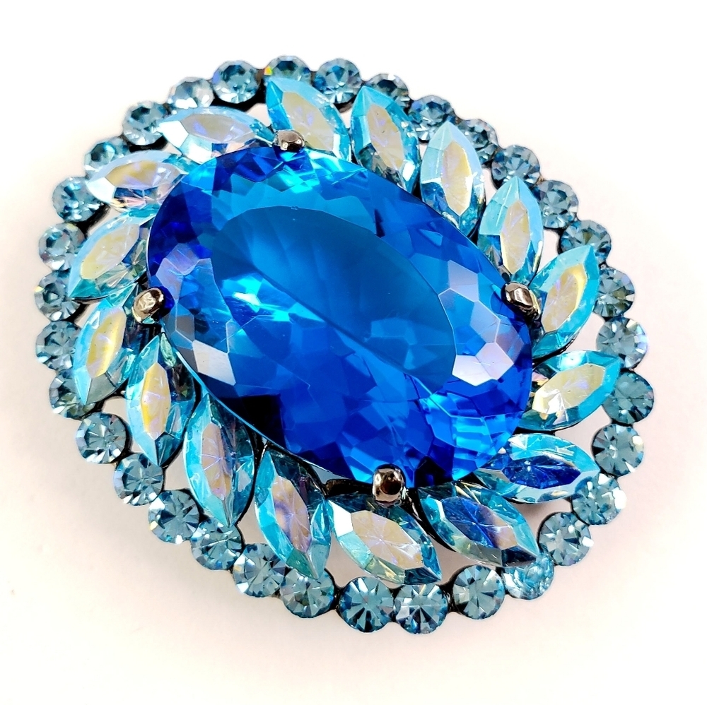 Vintage Brooch Pendant Pin Large Faceted Glass + Blue AB Rhinestones  A0207 -Q6